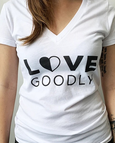 Cotton v-neck t-shirt, 'Love Goodly in White' - LOVE GOODLY 100% Cotton Logo V-Neck Tee in White