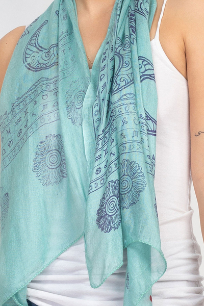 Rayon scarf, 'Celestial Zodiac in Turquoise' - Celestial Printed Zodiac Motif Scarf in Turquoise