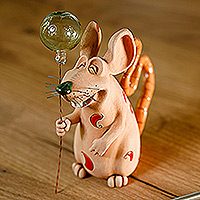 Ceramic figurine, 'Mouse with Balloon' - Handmade Ceramic and Glass Figurine of Mouse with Balloon