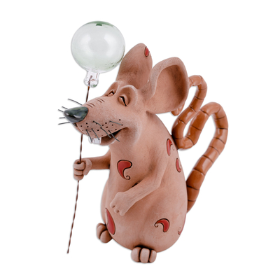 Ceramic figurine, 'Mouse with Balloon' - Handmade Ceramic and Glass Figurine of Mouse with Balloon