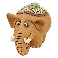 Figura de cerámica, 'Elefante Alegre' - Figura de Elefante de Cerámica Pintada a Mano en Uzbekistán