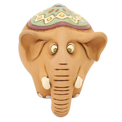 Ceramic figurine, 'Cheerful Elephant' - Elephant Ceramic Figurine Made Painted by Hand in Uzbekistan