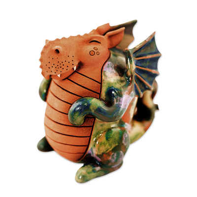 Ceramic figurine, 'Little Green Dragon' - Dragon Ceramic Figurine Made & Painted by Hand in Uzbekistan