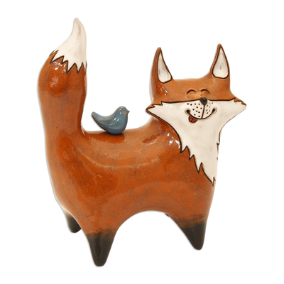 Ceramic figurine, 'Friendly Fox' - Fox Ceramic Figurine Made & Painted by Hand in Uzbekistan
