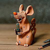Ceramic figurine, 'Cactus Mouse' - Mouse with Cactus Ceramic Figurine Made and Painted by Hand