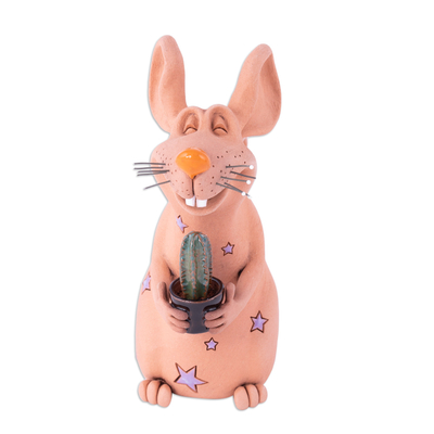 Ceramic figurine, 'Cactus Mouse' - Mouse with Cactus Ceramic Figurine Made and Painted by Hand