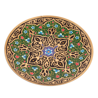 Brass wall art, 'Bukhara's Green Paradise' - Green and Black Geometric Brass Wall Art from Uzbekistan