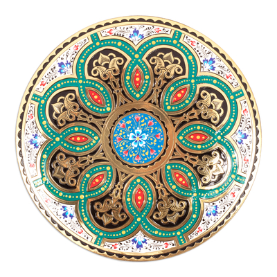 Brass wall art, 'Heaven's Blossom' - Green and White Floral Brass Wall Art from Uzbekistan