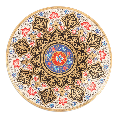 Brass wall art, 'Bukhara Souls' - Traditional Floral and Leafy Painted Brass Wall Art