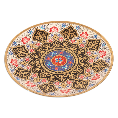 Brass wall art, 'Bukhara Souls' - Traditional Floral and Leafy Painted Brass Wall Art