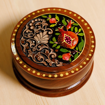 Wood jewellery box, 'Pomegranate Treasure' - Leafy and Pomegranate-Themed Round Walnut Wood jewellery Box