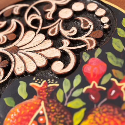 Wood jewellery box, 'Pomegranate Treasure' - Leafy and Pomegranate-Themed Round Walnut Wood jewellery Box