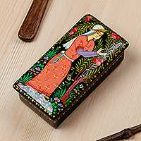 Joyero de madera, 'Bendición de granada' - Joyero de madera de nogal pintado a mano de Uzbekistán
