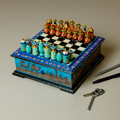 Wood chess set, 'Luxurious Days in Bukhara' - Purple Floral Walnut Wood Chess Set with Desert Scene