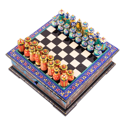 Wood chess set, 'Luxurious Days in Bukhara' - Purple Floral Walnut Wood Chess Set with Desert Scene