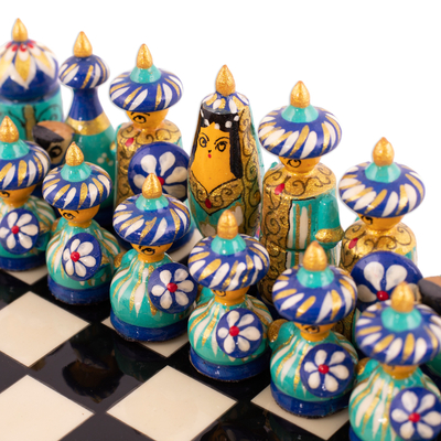 Schachspiel aus Holz - Schachspiel aus Walnussholz mit violettem Blumenmuster und Wüstenszene