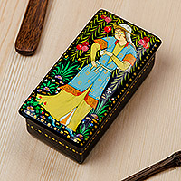 Wood jewelry box, 'Pomegranate Beauty' - Handmade Painted Walnut Wood Jewelry Box from Uzbekistan