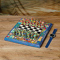 Juego de ajedrez de madera, 'Teal Bukhara Folklore' - Juego de ajedrez de madera de nogal pintado a mano en verde azulado
