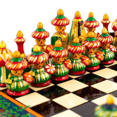 Wood chess set, 'Teal Bukhara Folklore' - Handcrafted Painted Walnut Wood Chess Set in Teal
