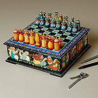 Wood chess set, 'Bukhara's Blue Celebration' - Hand-Painted Floral Traditional Walnut Wood Chess Set