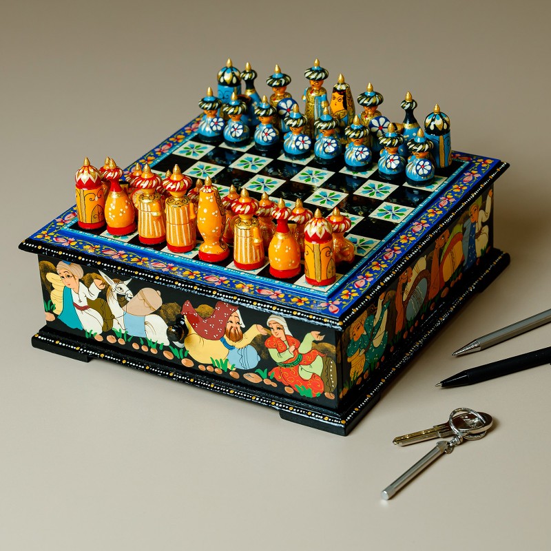 Hand-Painted Floral Traditional Walnut Wood Chess Set - Bukhara's