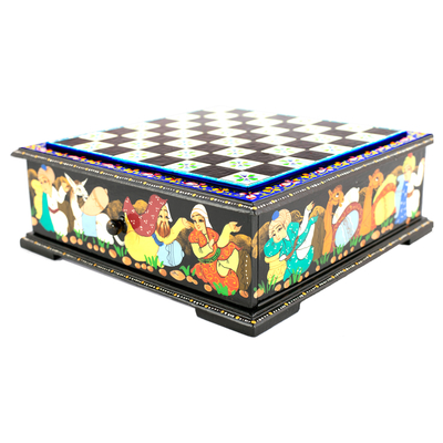 Wood chess set, 'Bukhara's Blue Celebration' - Hand-Painted Floral Traditional Walnut Wood Chess Set