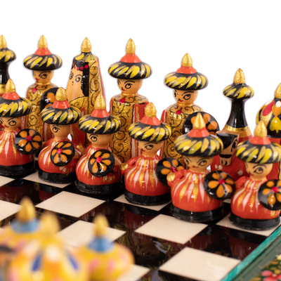 Wood chess set, 'Green Days in Bukhara' - Green Floral Walnut Wood Chess Set with Desert Scene