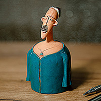 Campana de cerámica decorativa, 'Man in Teal' - Campana de cerámica decorativa con forma de hombre hecha y pintada a mano