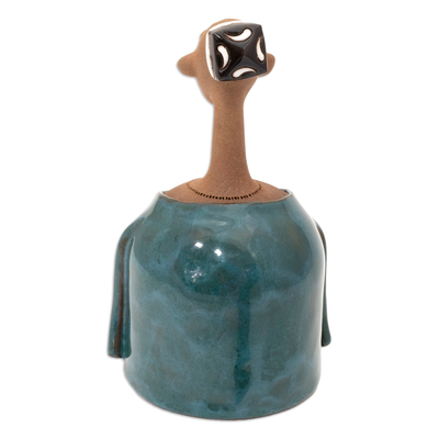 Decorative ceramic bell, 'Man in Teal' - Man-Shaped Decorative Ceramic Bell Made & Painted by Hand