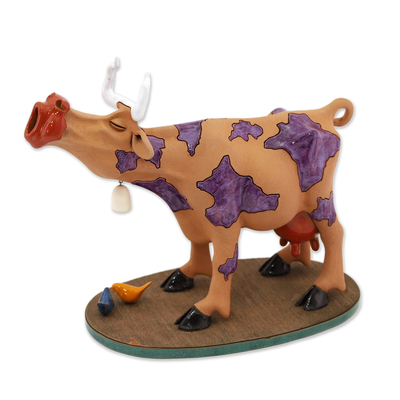 Ceramic figurine, 'Mooing Cow' - Cow Ceramic Figurine Made & Painted by Hand in Uzbekistan