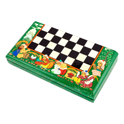 Wood chess set, 'Green Bukhara Folklore' - Handcrafted Painted Walnut Wood Chess Set in Green