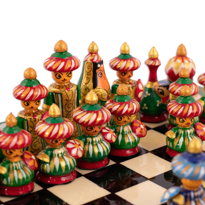Wood chess set, 'Green Bukhara Folklore' - Handcrafted Painted Walnut Wood Chess Set in Green