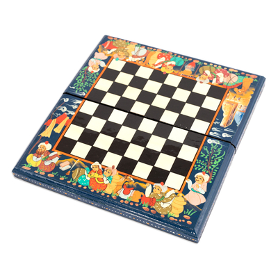 Juego de ajedrez de madera - Juego de ajedrez de madera de nogal pintado a mano en azul