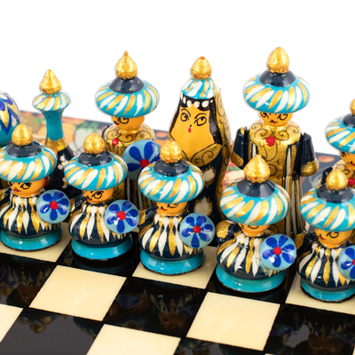 Schachspiel aus Holz - Handgefertigtes Schachspiel aus bemaltem Walnussholz in Blau
