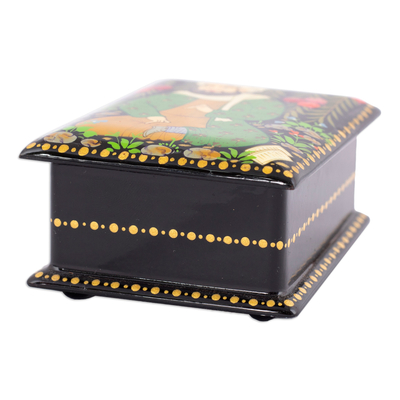 Wood jewelry box, 'Thriving Harvest' - Handmade Black Walnut Wood Jewelry Box with Farmer in Green