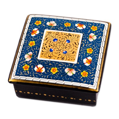 Lacquered and gilded wood jewelry box, 'Blossoming Blue' - Hand-Painted Lacquered and Gilded Wood Jewelry Box in Blue