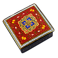 Lacquered and gilded wood jewelry box, 'Red Bloom' - Hand-Painted Lacquered and Gilded Wood Jewelry Box in Red