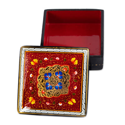 Lacquered and gilded wood jewelry box, 'Red Bloom' - Hand-Painted Lacquered and Gilded Wood Jewelry Box in Red