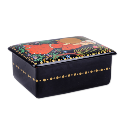 Lacquered wood jewelry box, 'Woman with Doira' - Lacquered Walnut Wood Jewelry Box with Woman in Nature Motif