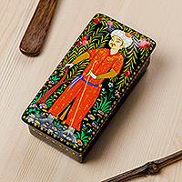 Lacquered wood jewellery box, 'Man in The Garden' - Lacquered Walnut Wood jewellery Box with Man in Nature Motif
