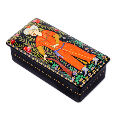 Lacquered wood jewelry box, 'Man in The Garden' - Lacquered Walnut Wood Jewelry Box with Man in Nature Motif