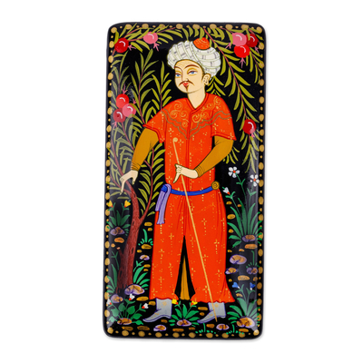 Lacquered wood jewelry box, 'Man in The Garden' - Lacquered Walnut Wood Jewelry Box with Man in Nature Motif