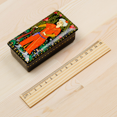 Lacquered wood jewellery box, 'Man in The Garden' - Lacquered Walnut Wood jewellery Box with Man in Nature Motif