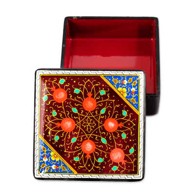 Lacquered wood jewelry box, 'Floral Magnificence' - Pomegranate Tree-Themed Lacquered Walnut Wood Jewelry Box