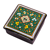 Wood jewelry box, 'Green Eden' - Handcrafted Traditional Floral Green Walnut Wood Jewelry Box