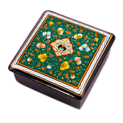 Wood jewellery box, 'Green Eden' - Handcrafted Traditional Floral Green Walnut Wood jewellery Box