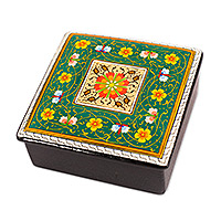 Wood jewelry box, 'Floral Palace in Green' - Hand-Painted Floral Walnut Wood Jewelry Box in Green