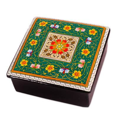 Wood jewelry box, 'Floral Palace in Green' - Hand-Painted Floral Walnut Wood Jewelry Box in Green