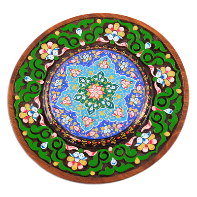 Wood wall art, 'Dark Floral Eternity' - Hand-Carved Walnut Wood Wall Art with Dark Outer Ring