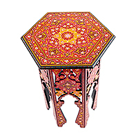 Mesa decorativa de madera, 'Royal Uzbekistan in Red' - Mesa decorativa artesanal de madera de arce floral en rojo y amarillo